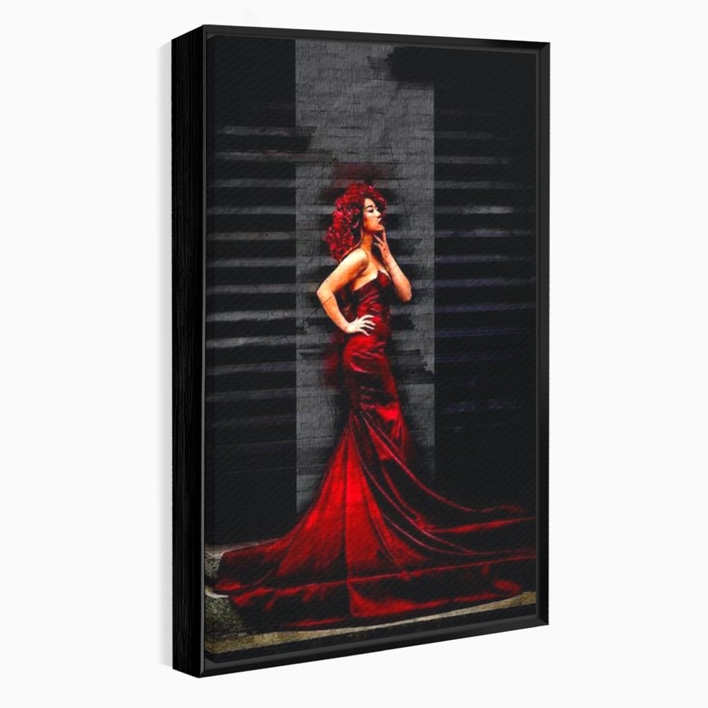 Tablou canvas cu tablou canvas cu femeie in rochie rosie, in rama de aluminiu negru